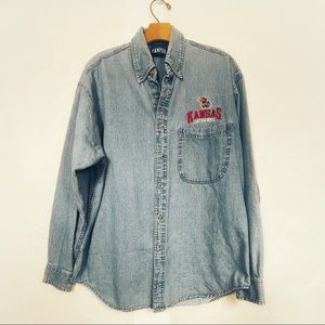 KU Jayhawks denim/chambray shirt with embroidered logo. Men’s size medium.